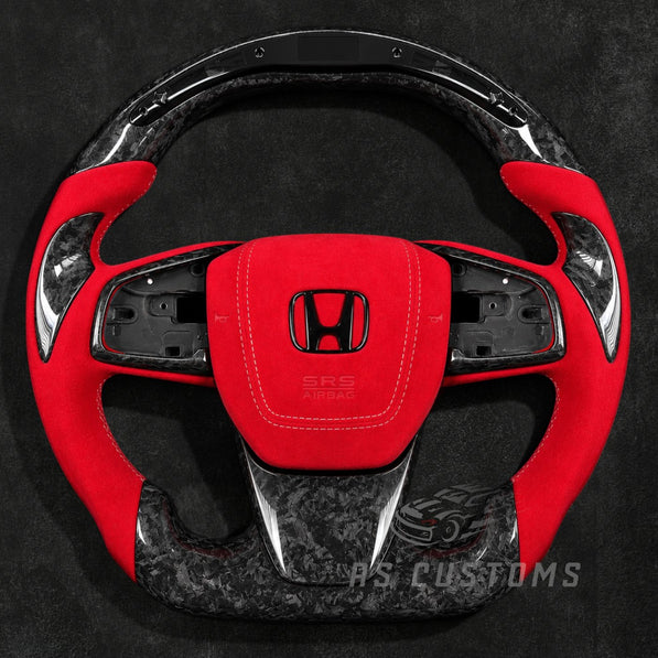 RS Customs Honda Civic forged carbon fiber steering wheel with red Alcantara grips, LED display and optional custom airbag cover for 2016–2021 models.
