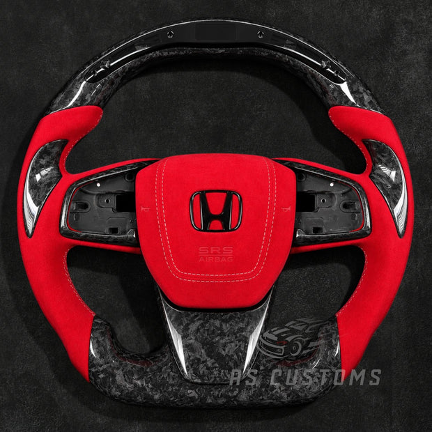 RS Customs Honda Civic forged carbon fiber steering wheel with red Alcantara grips, LED display and optional custom airbag cover for 2016–2021 models.