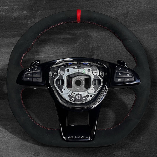 RS Customs Mercedes-AMG custom steering wheel with full Alcantara finish, gloss black trim, multifunction buttons and optional complete airbag assembly for Mercedes-Benz models from 2014+.