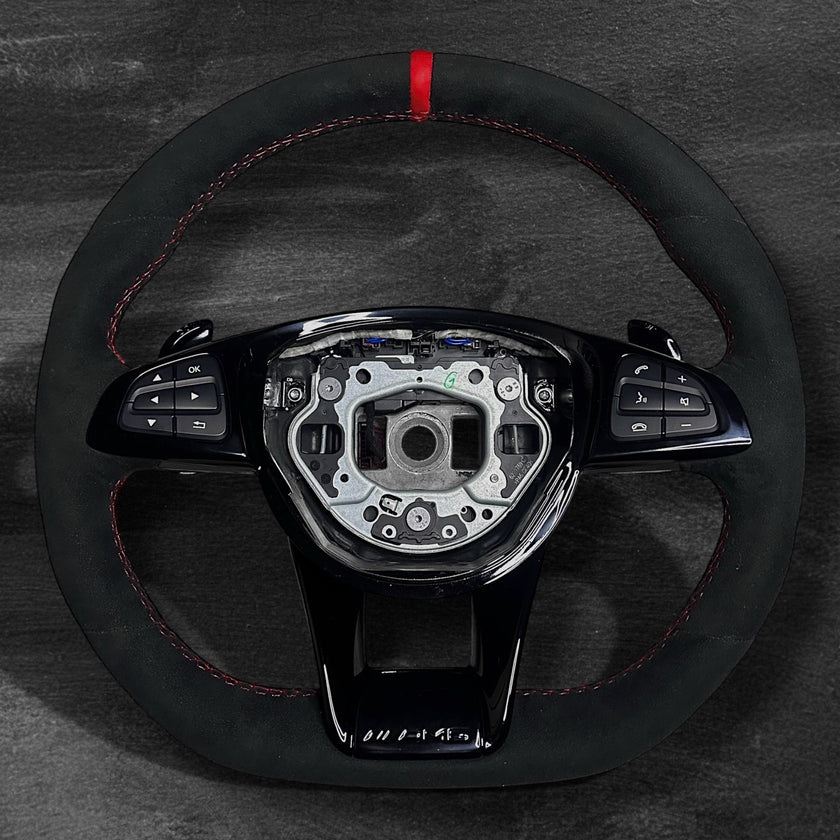 RS Customs Mercedes-AMG custom steering wheel with full Alcantara finish, gloss black trim, multifunction buttons and optional complete airbag assembly for Mercedes-Benz models from 2014+.