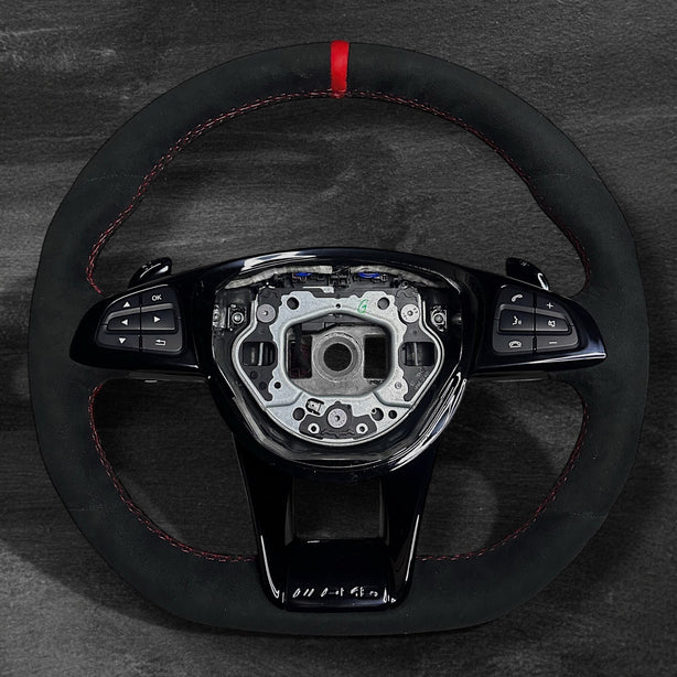 RS Customs Mercedes-AMG custom steering wheel with full Alcantara finish, gloss black trim, multifunction buttons and optional complete airbag assembly for Mercedes-Benz models from 2014+.