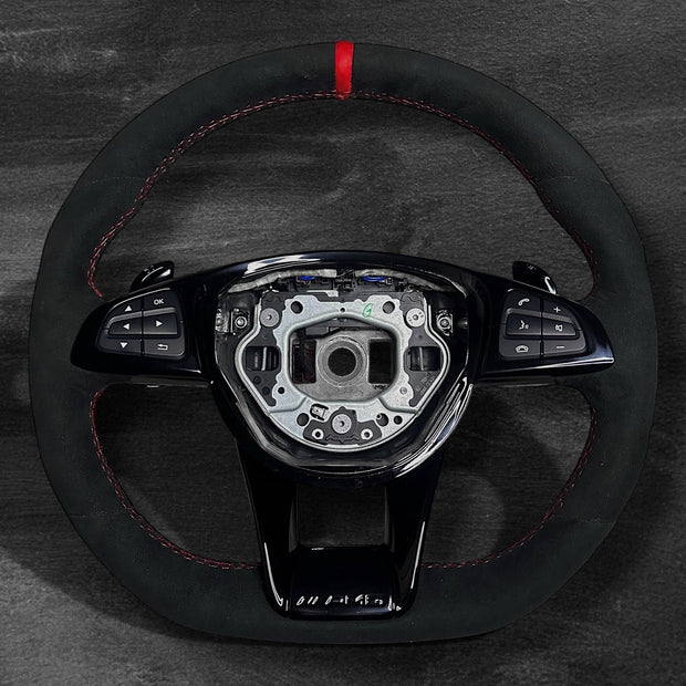 RS Customs Mercedes-AMG custom steering wheel with full Alcantara finish, gloss black trim, multifunction buttons and optional complete airbag assembly for Mercedes-Benz models from 2014+.