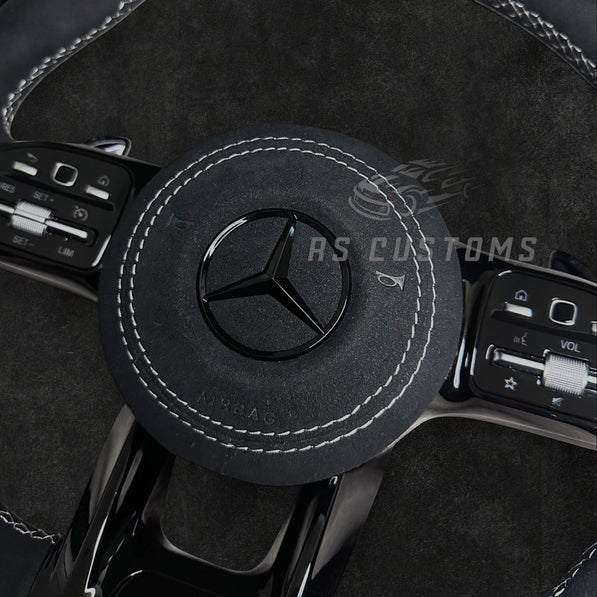 RS Customs Mercedes-AMG custom steering wheel with full Alcantara finish, chrome delete trim, multifunction buttons and optional complete airbag assembly for Mercedes-Benz models from 2014+.