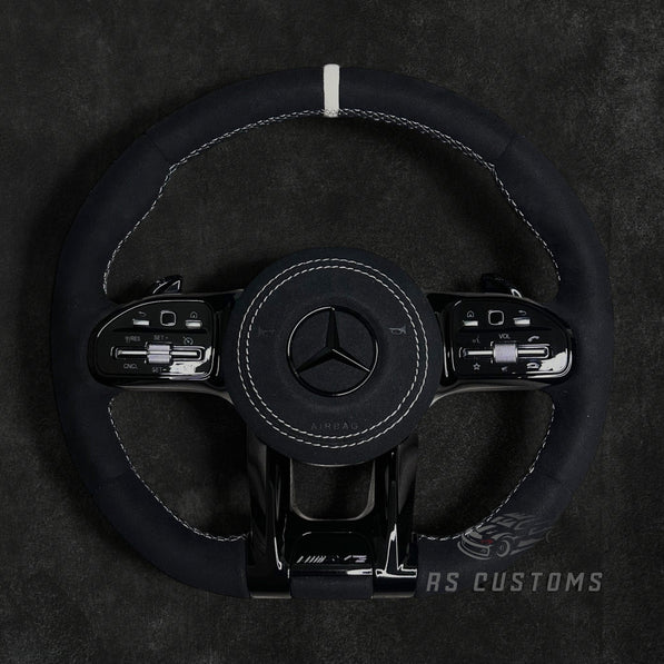 RS Customs Mercedes-AMG custom steering wheel with full Alcantara finish, chrome delete trim, multifunction buttons and optional complete airbag assembly for Mercedes-Benz models from 2014+.