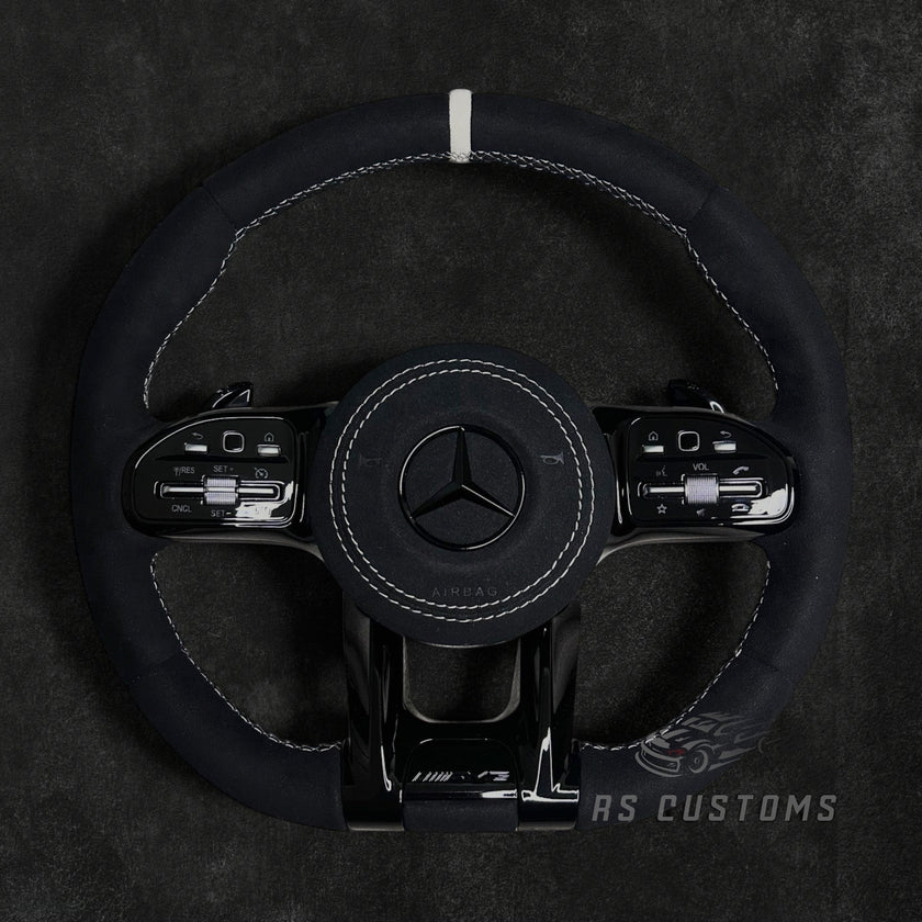 RS Customs Mercedes-AMG custom steering wheel with full Alcantara finish, chrome delete trim, multifunction buttons and optional complete airbag assembly for Mercedes-Benz models from 2014+.