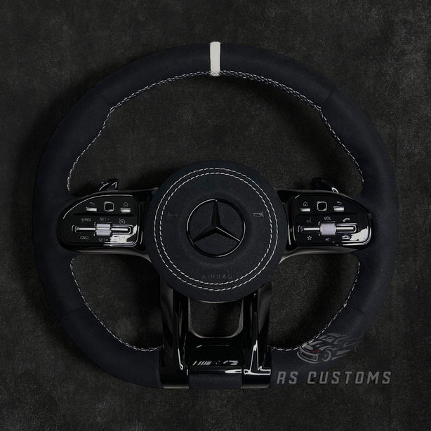 RS Customs Mercedes-AMG custom steering wheel with full Alcantara finish, chrome delete trim, multifunction buttons and optional complete airbag assembly for Mercedes-Benz models from 2014+.