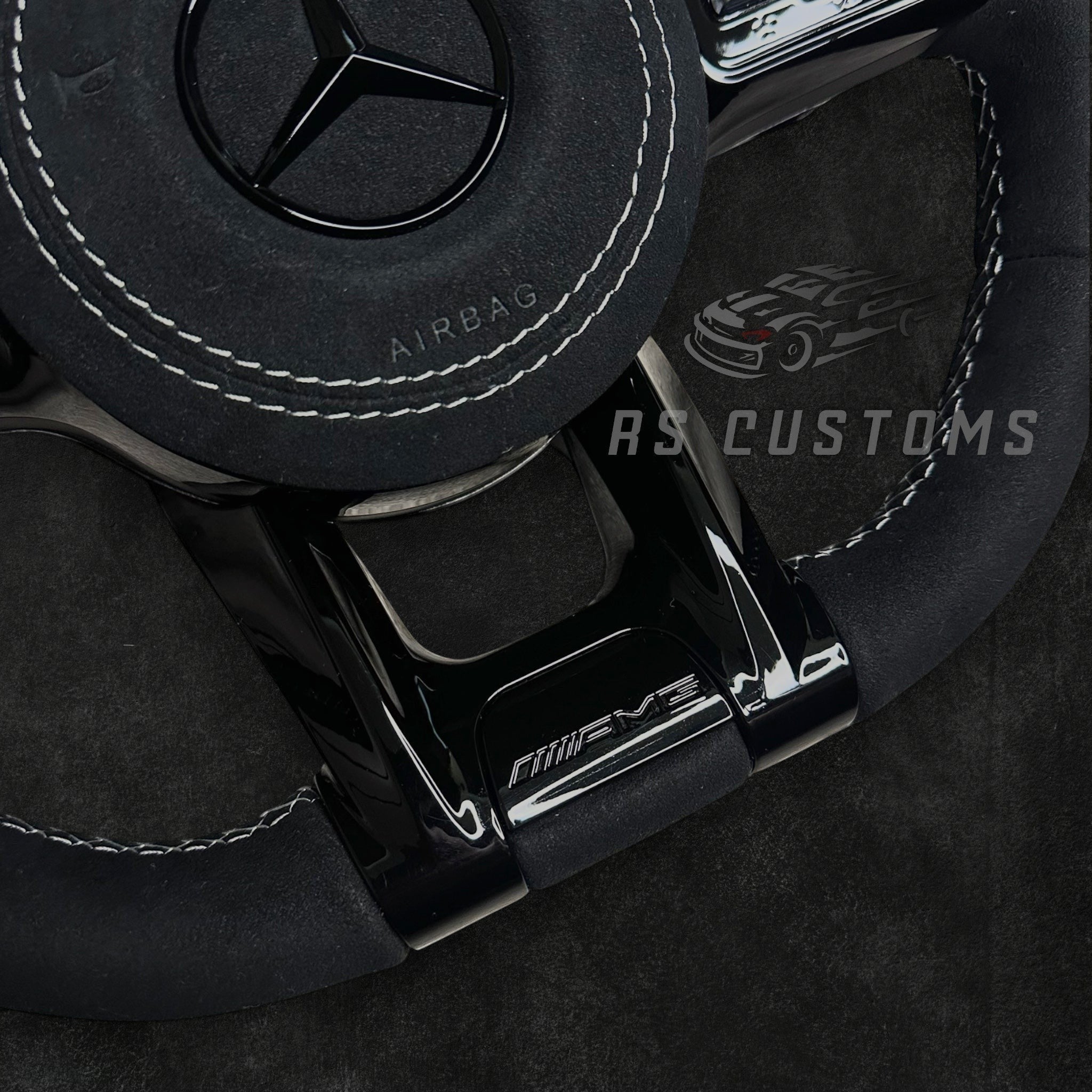 RS Customs Mercedes-AMG custom steering wheel with full Alcantara finish, chrome delete trim, multifunction buttons and optional complete airbag assembly for Mercedes-Benz models from 2014+.