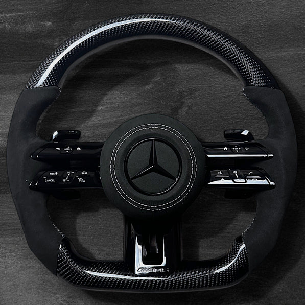 RS Customs Mercedes-AMG Dragonfly custom steering wheel with carbon fiber, Alcantara grips, multifunction buttons, optional complete airbag assembly and OEM functionality for Mercedes-Benz models from 2014+.