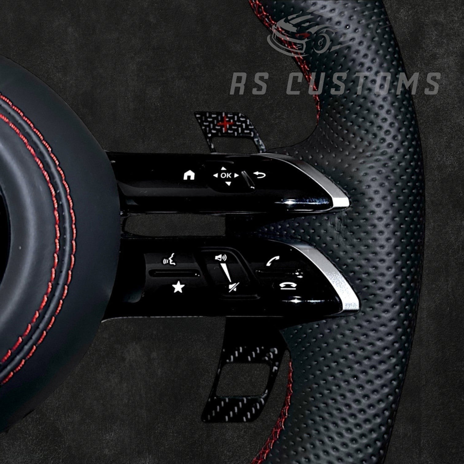 RS Customs Mercedes-AMG Dragonfly custom steering wheel with carbon fiber, perforated leather grips, LED display, multifunction buttons and optional full airbag for Mercedes-Benz models from 2014+.