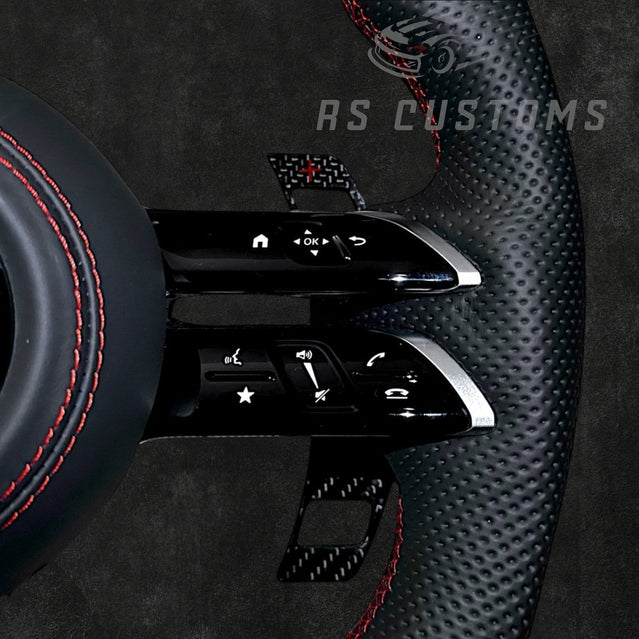 RS Customs Mercedes-AMG Dragonfly custom steering wheel with carbon fiber, perforated leather grips, LED display, multifunction buttons and optional full airbag for Mercedes-Benz models from 2014+.