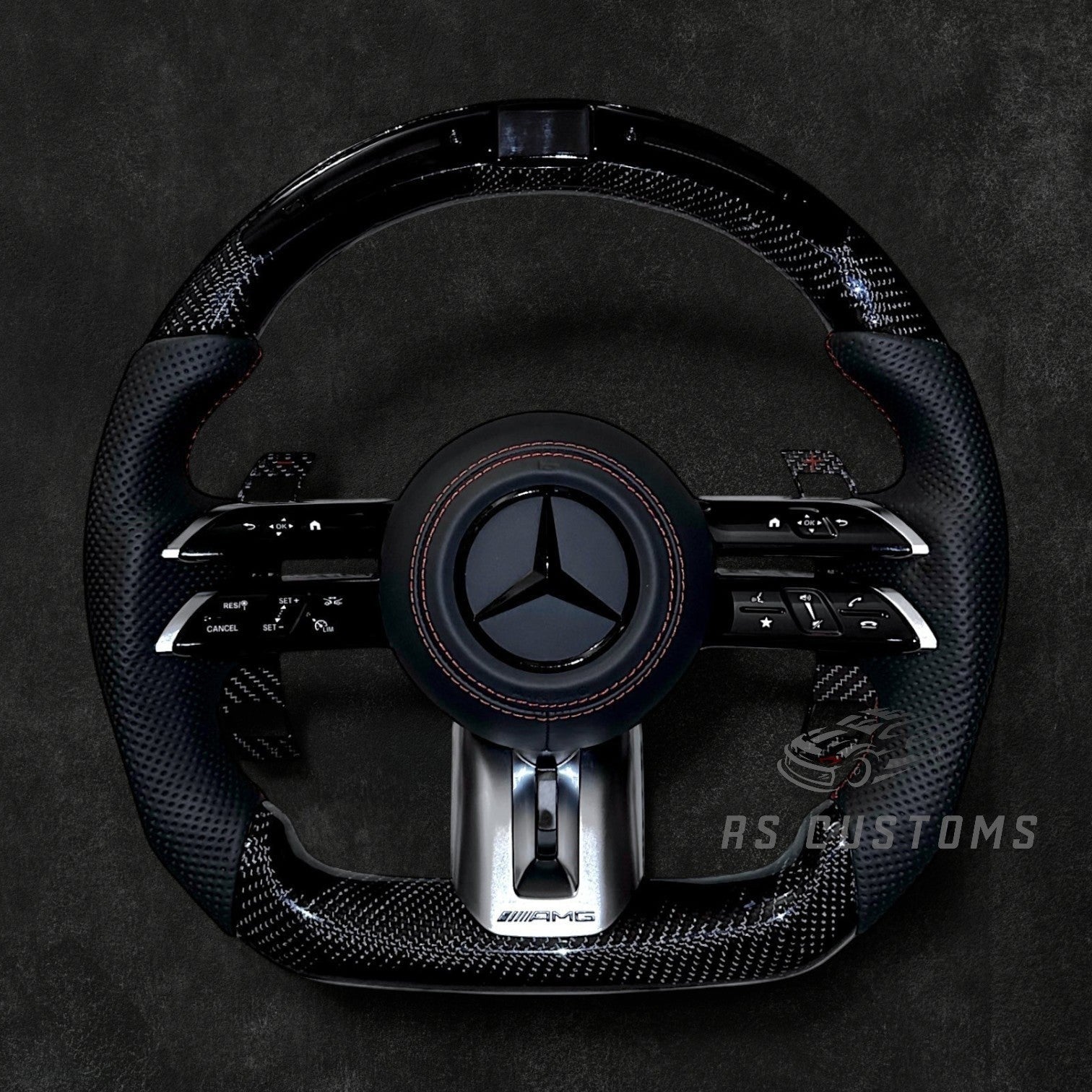 RS Customs Mercedes-AMG Dragonfly custom steering wheel with carbon fiber, perforated leather grips, LED display, multifunction buttons and optional full airbag for Mercedes-Benz models from 2014+.