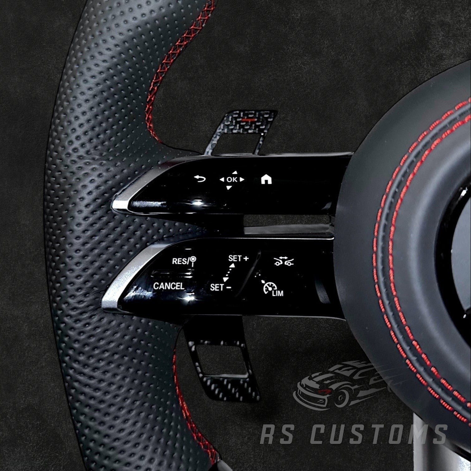 RS Customs Mercedes-AMG Dragonfly custom steering wheel with carbon fiber, perforated leather grips, LED display, multifunction buttons and optional full airbag for Mercedes-Benz models from 2014+.