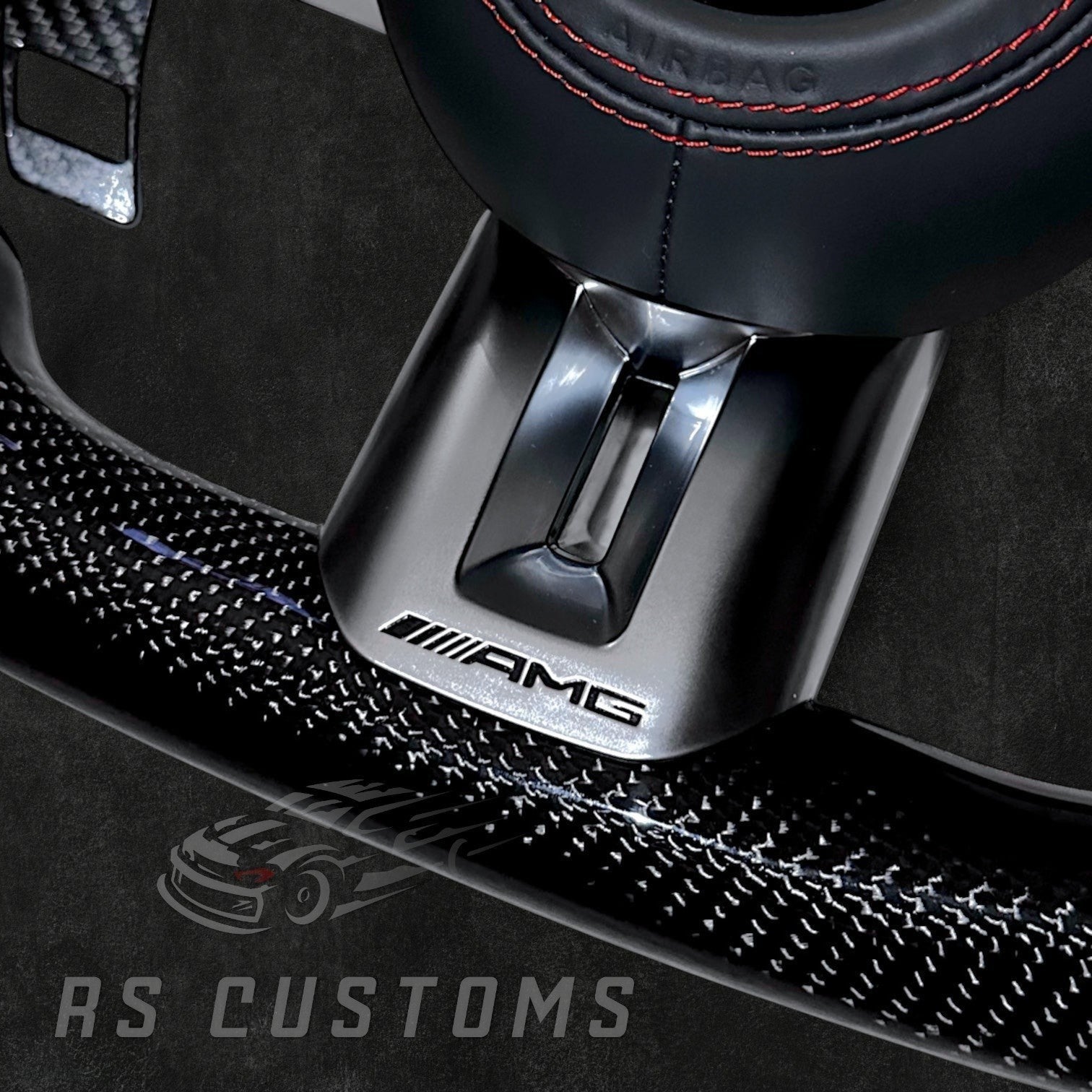 RS Customs Mercedes-AMG Dragonfly custom steering wheel with carbon fiber, perforated leather grips, LED display, multifunction buttons and optional full airbag for Mercedes-Benz models from 2014+.