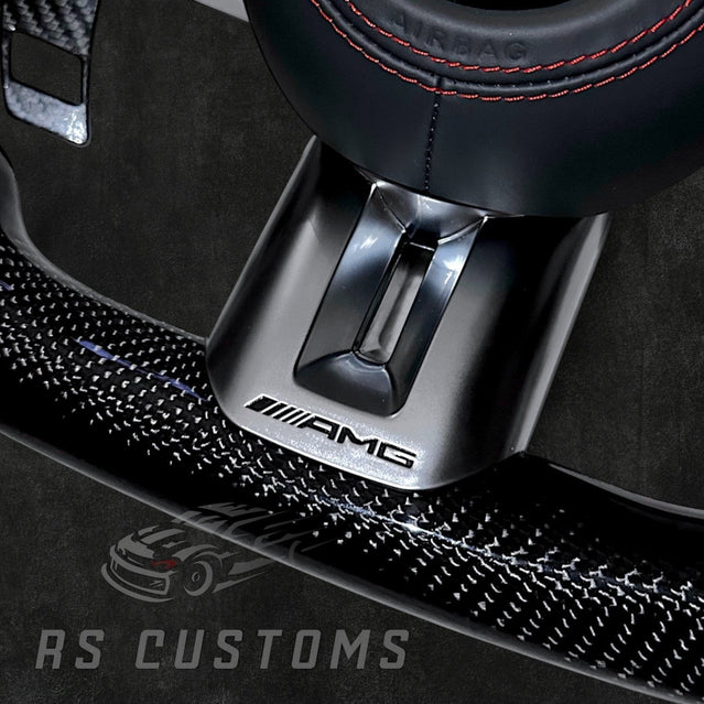 RS Customs Mercedes-AMG Dragonfly custom steering wheel with carbon fiber, perforated leather grips, LED display, multifunction buttons and optional full airbag for Mercedes-Benz models from 2014+.