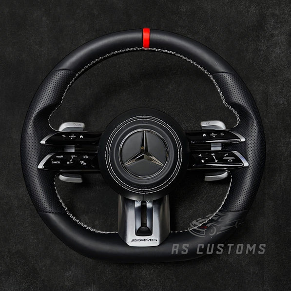RS Customs Mercedes-AMG Dragonfly custom steering wheel with Nappa leather, perforated leather grips, multifunction buttons and optional full airbag for Mercedes-Benz models from 2014+.
