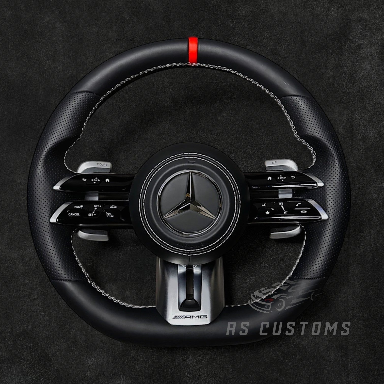 RS Customs Mercedes-AMG Dragonfly custom steering wheel with Nappa leather, perforated leather grips, multifunction buttons and optional full airbag for Mercedes-Benz models from 2014+.