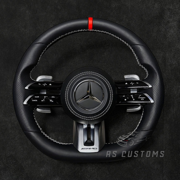 RS Customs Mercedes-AMG Dragonfly custom steering wheel with Nappa leather, perforated leather grips, multifunction buttons and optional full airbag for Mercedes-Benz models from 2014+.