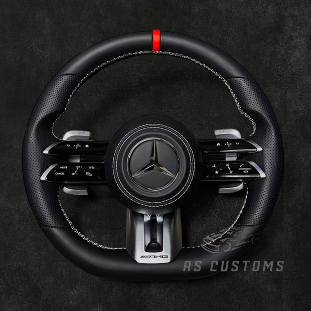 RS Customs Mercedes-AMG Dragonfly custom steering wheel with Nappa leather, perforated leather grips, multifunction buttons and optional full airbag for Mercedes-Benz models from 2014+.