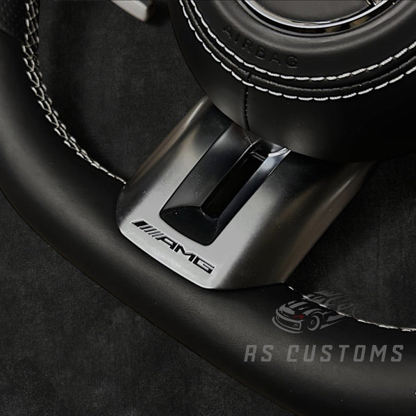 RS Customs Mercedes-AMG Dragonfly custom steering wheel with Nappa leather, perforated leather grips, multifunction buttons and optional full airbag for Mercedes-Benz models from 2014+.