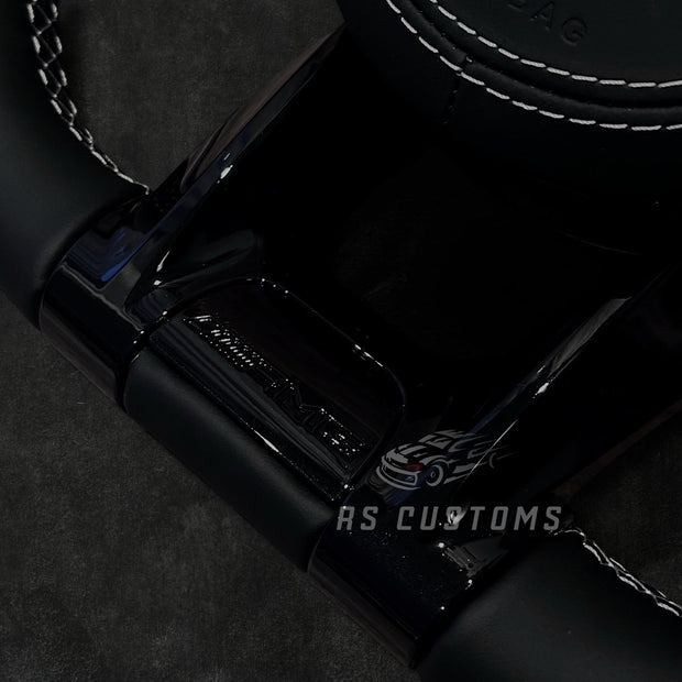 RS Customs Mercedes-Benz AMG Gen 4 custom steering wheel with full leather all-black design and leather airbag cover for W204, W205, W206, W212, W213, W222, W223, W463 and most Mercedes-Benz models from 2012+.