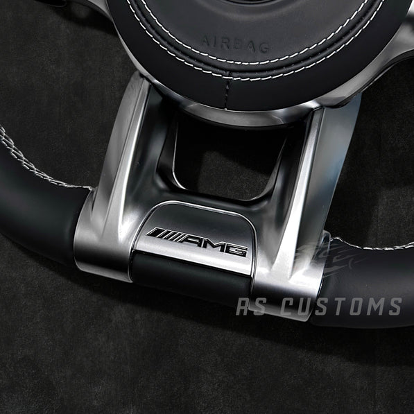 RS Customs Mercedes-Benz AMG Gen 4 custom steering wheel with full leather finish, leather airbag cover, chrome trim accents and OEM+ design for Mercedes-Benz models from 2012+.