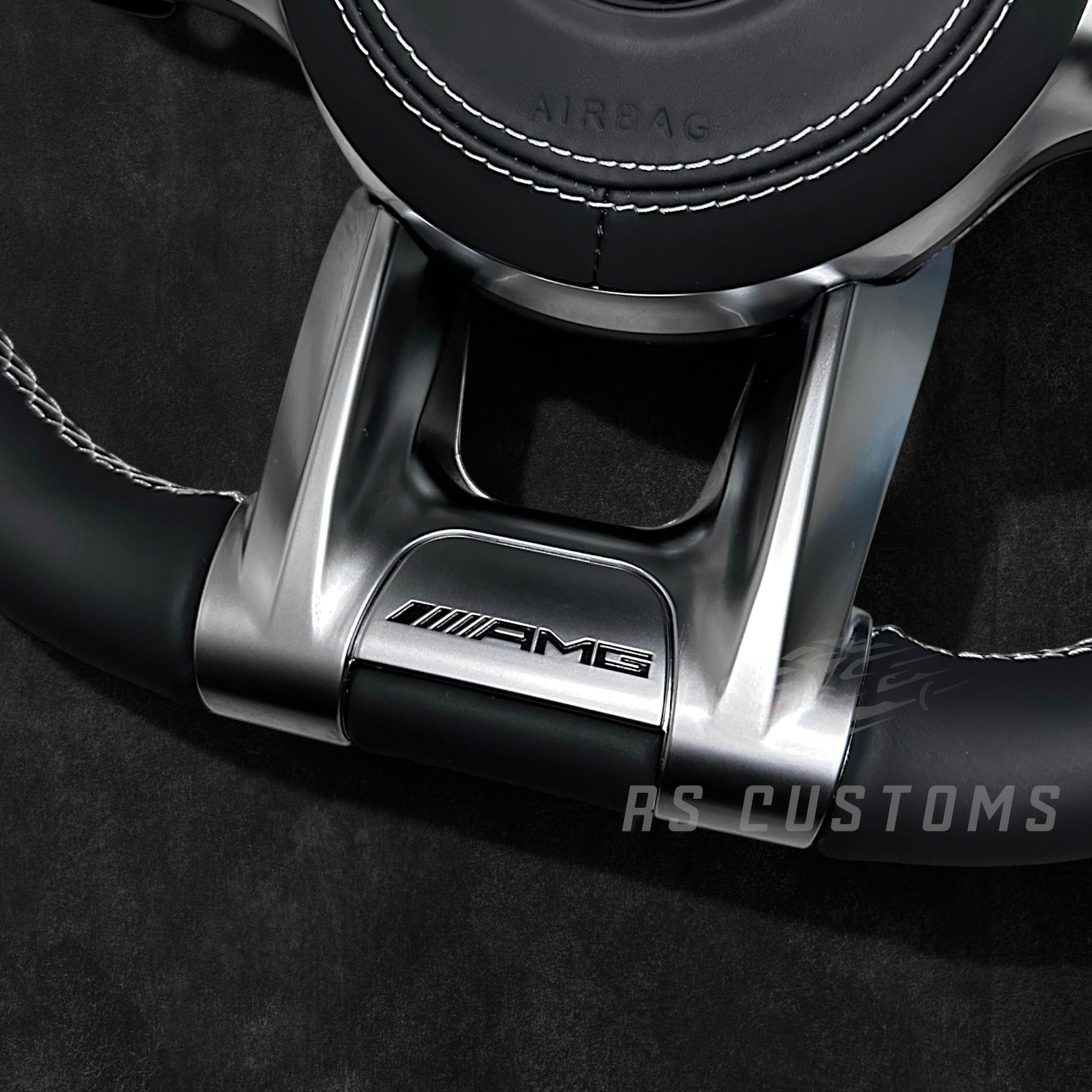RS Customs Mercedes-Benz AMG Gen 4 custom steering wheel with full leather finish, leather airbag cover, chrome trim accents and OEM+ design for Mercedes-Benz models from 2012+.