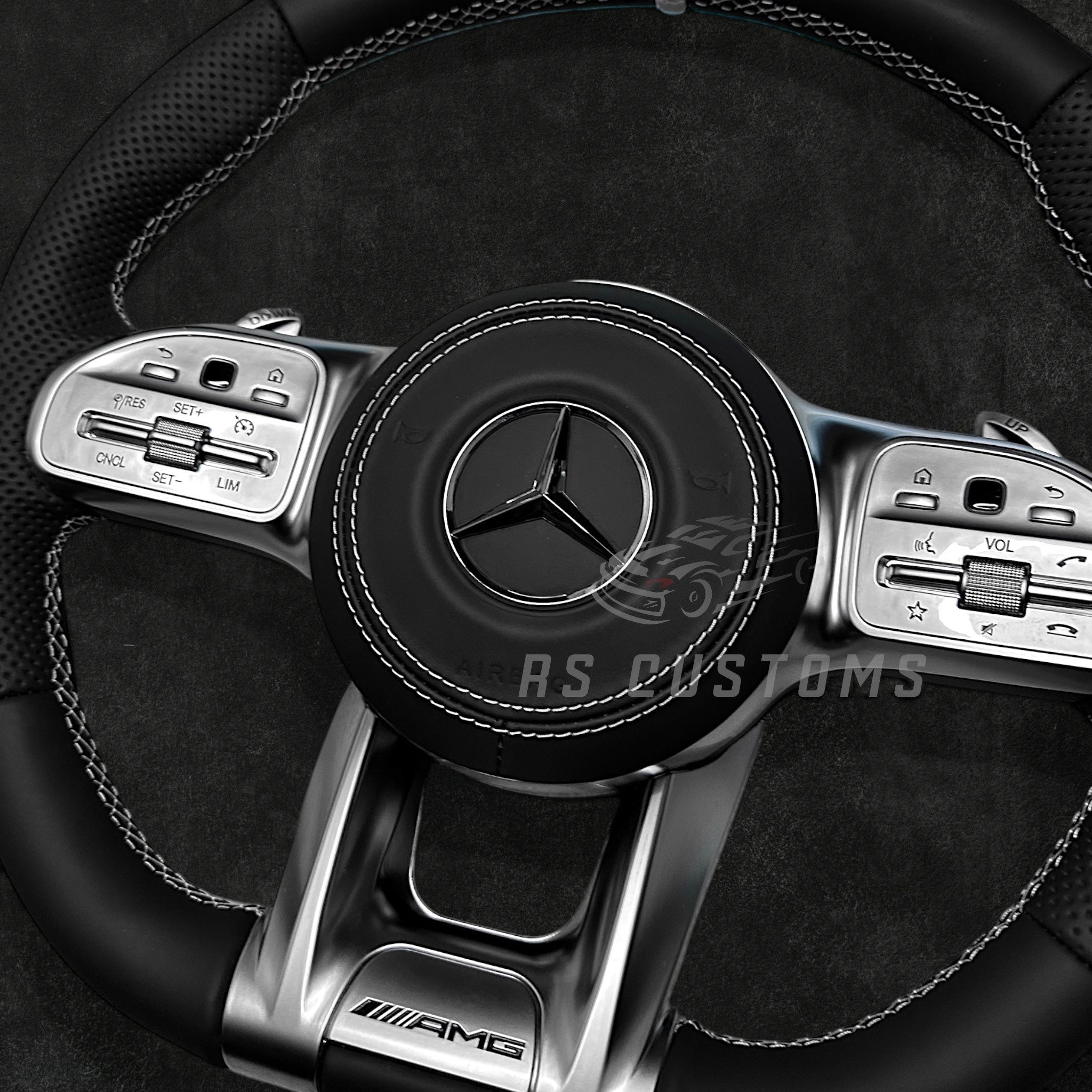 RS Customs Mercedes-Benz AMG Gen 4 custom steering wheel with full leather finish, leather airbag cover, chrome trim accents and OEM+ design for Mercedes-Benz models from 2012+.