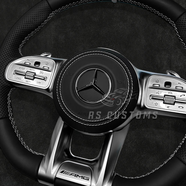 RS Customs Mercedes-Benz AMG Gen 4 custom steering wheel with full leather finish, leather airbag cover, chrome trim accents and OEM+ design for Mercedes-Benz models from 2012+.