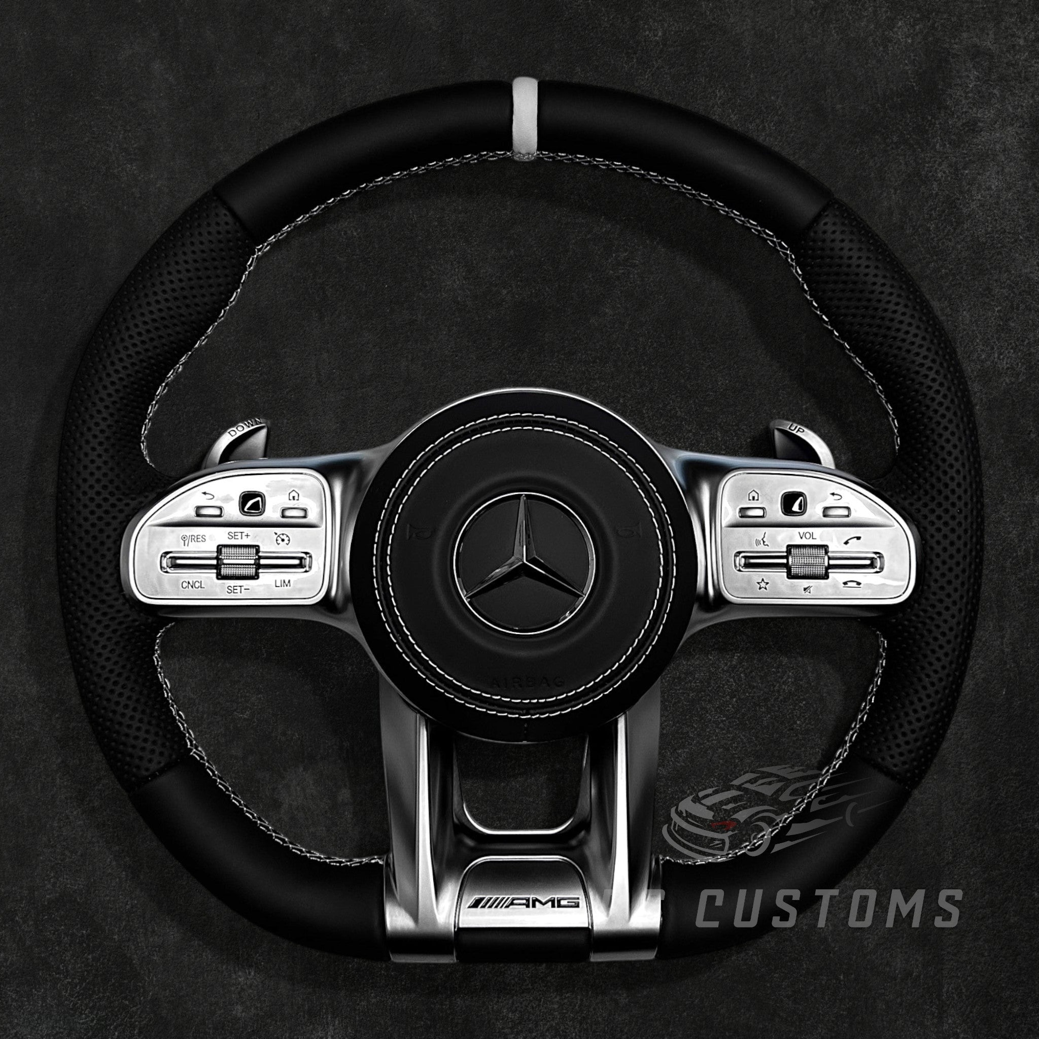 RS Customs Mercedes-Benz AMG Gen 4 custom steering wheel with full leather finish, leather airbag cover, chrome trim accents and OEM+ design for Mercedes-Benz models from 2012+.