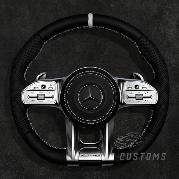 RS Customs Mercedes-Benz AMG Gen 4 custom steering wheel with full leather finish, leather airbag cover, chrome trim accents and OEM+ design for Mercedes-Benz models from 2012+.