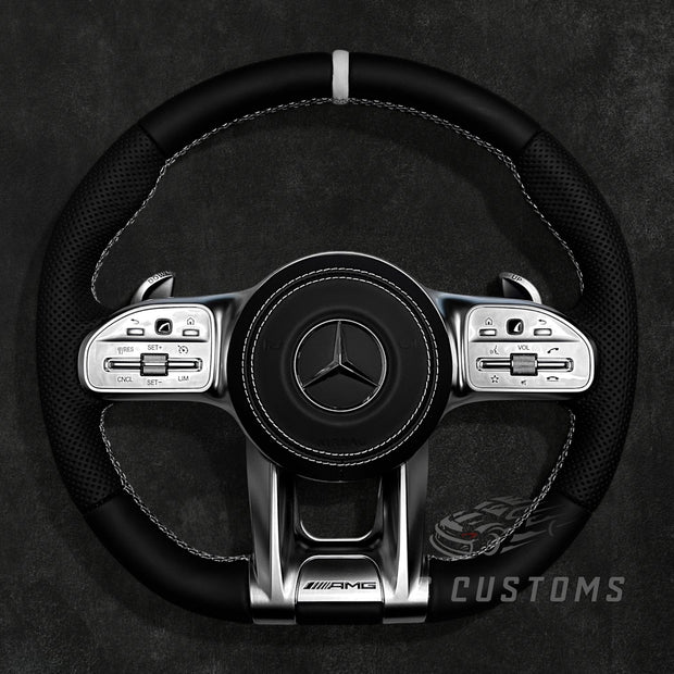 RS Customs Mercedes-Benz AMG Gen 4 custom steering wheel with full leather finish, leather airbag cover, chrome trim accents and OEM+ design for Mercedes-Benz models from 2012+.
