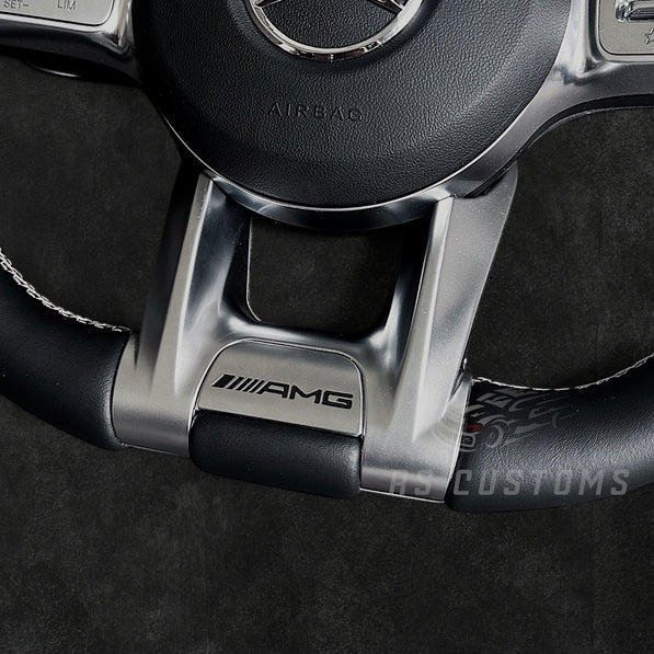 RS Customs Mercedes-Benz AMG Gen 4 custom steering wheel with full leather finish, Alcantara side grips, optional airbag cover and OEM+ design for Mercedes-Benz models from 2012+.