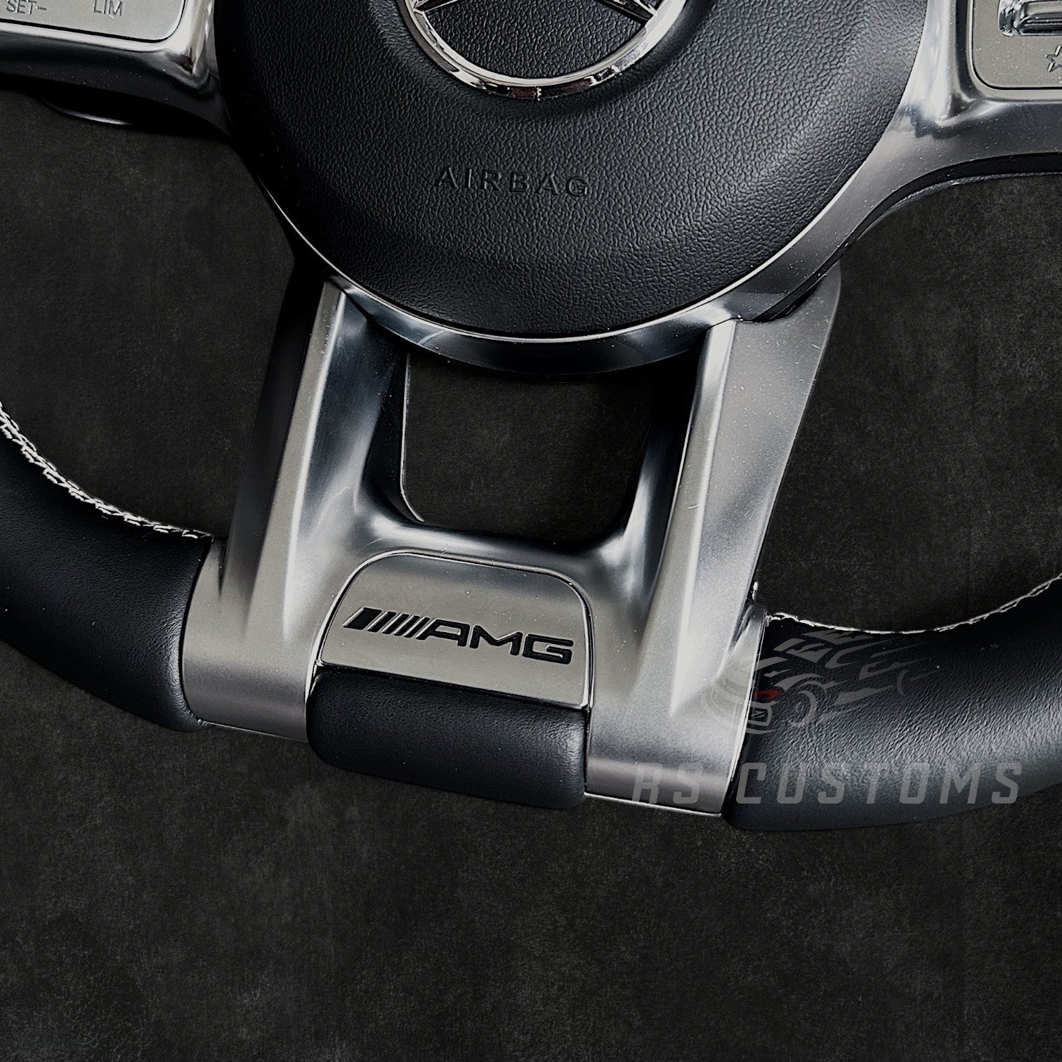 RS Customs Mercedes-Benz AMG Gen 4 custom steering wheel with full leather finish, Alcantara side grips, optional airbag cover and OEM+ design for Mercedes-Benz models from 2012+.
