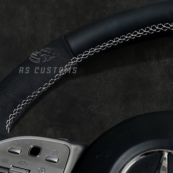 RS Customs Mercedes-Benz AMG Gen 4 custom steering wheel with full leather finish, Alcantara side grips, optional airbag cover and OEM+ design for Mercedes-Benz models from 2012+.