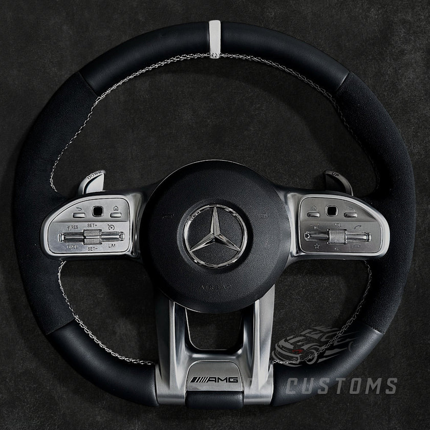 RS Customs Mercedes-Benz AMG Gen 4 custom steering wheel with full leather finish, Alcantara side grips, optional airbag cover and OEM+ design for Mercedes-Benz models from 2012+.