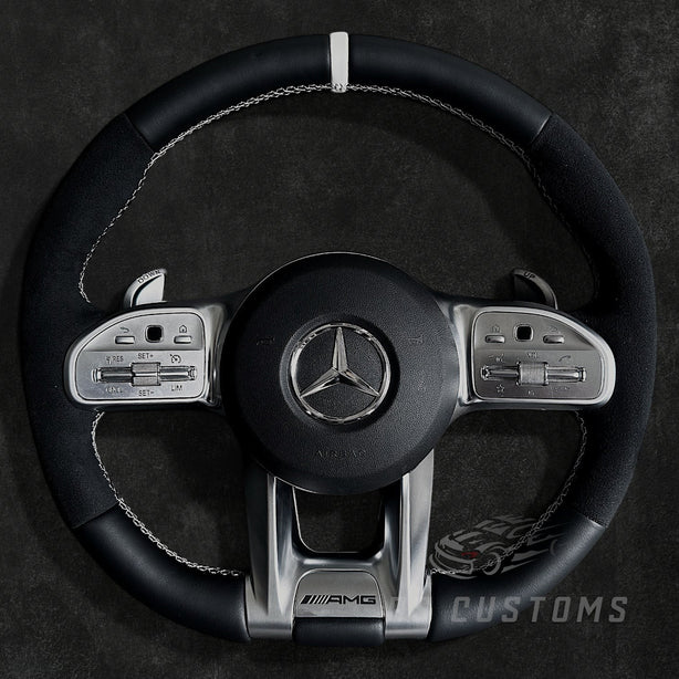 RS Customs Mercedes-Benz AMG Gen 4 custom steering wheel with full leather finish, Alcantara side grips, optional airbag cover and OEM+ design for Mercedes-Benz models from 2012+.