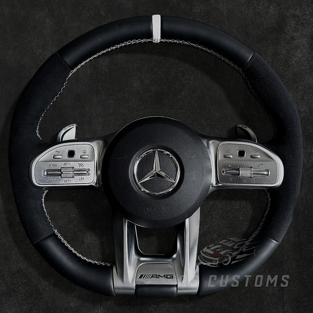 RS Customs Mercedes-Benz AMG Gen 4 custom steering wheel with full leather finish, Alcantara side grips, optional airbag cover and OEM+ design for Mercedes-Benz models from 2012+.