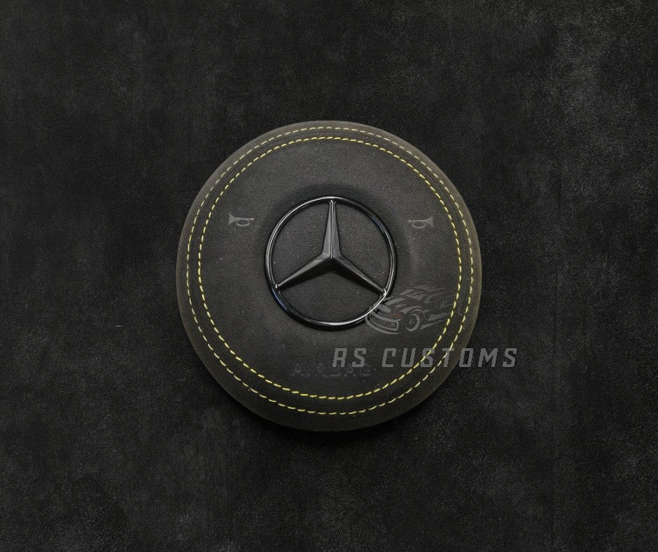 RS Customs Mercedes-Benz custom airbag cover for 2018–2022 models available in leather or Alcantara with custom stitching and chrome or black Mercedes-Benz logo options.