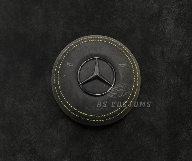 RS Customs Mercedes-Benz custom airbag cover for 2018–2022 models available in leather or Alcantara with custom stitching and chrome or black Mercedes-Benz logo options.