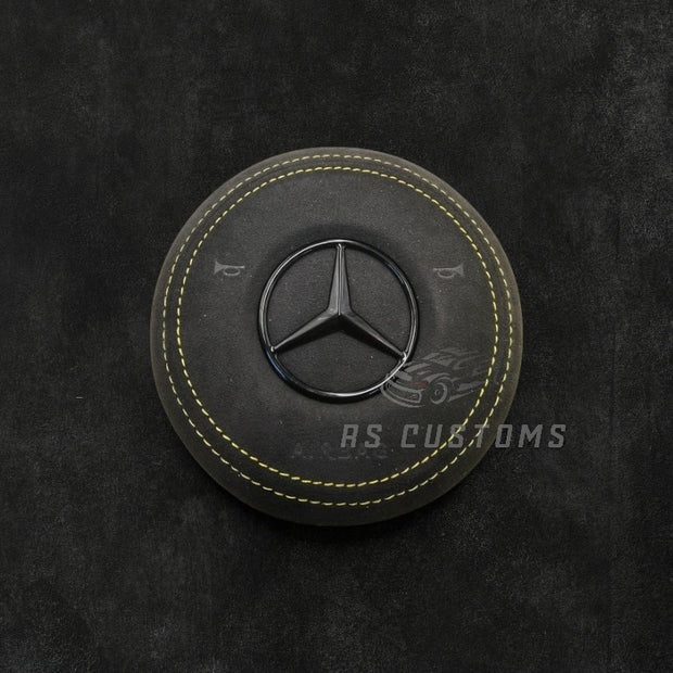 RS Customs Mercedes-Benz custom airbag cover for 2018–2022 models available in leather or Alcantara with custom stitching and chrome or black Mercedes-Benz logo options.