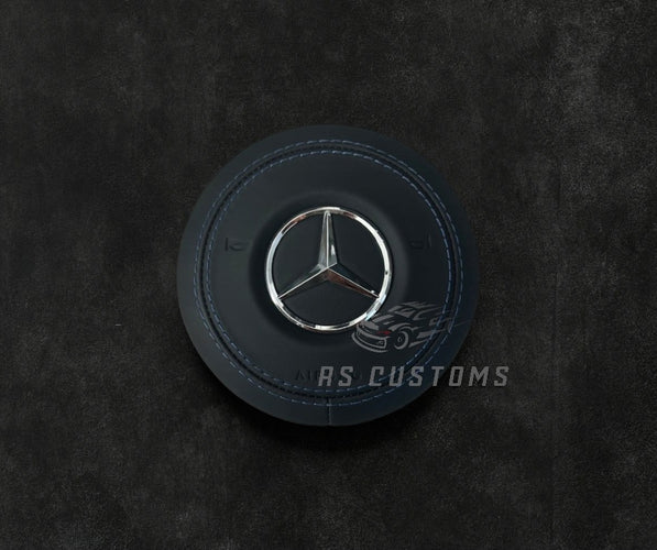 RS Customs Mercedes-Benz custom airbag cover for 2018–2022 models available in leather or Alcantara with custom stitching and chrome or black Mercedes-Benz logo options.