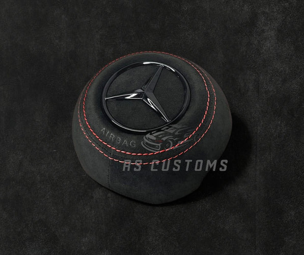 RS Customs Mercedes-Benz custom airbag cover for 2022+ models available in leather or Alcantara with custom stitching and chrome or black Mercedes-Benz logo options.