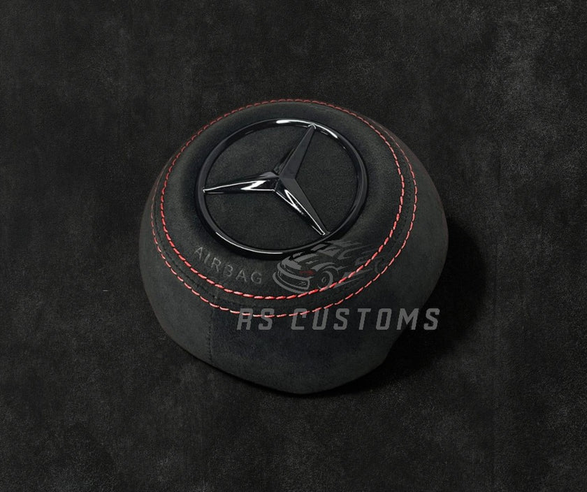 RS Customs Mercedes-Benz custom airbag cover for 2022+ models available in leather or Alcantara with custom stitching and chrome or black Mercedes-Benz logo options.