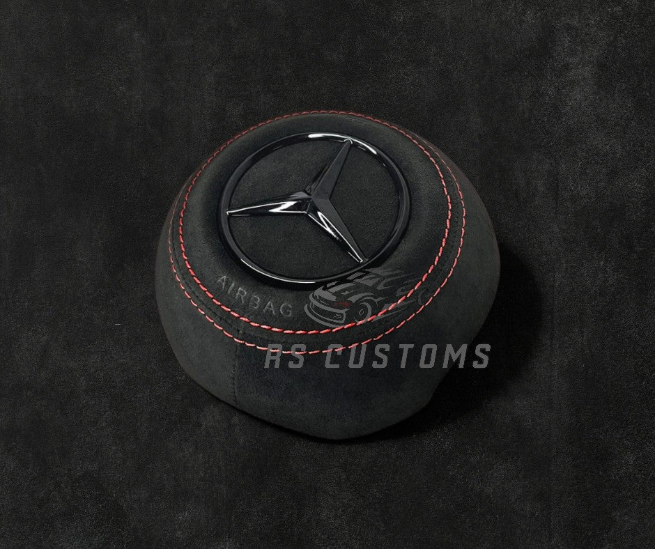 RS Customs Mercedes-Benz custom airbag cover for 2022+ models available in leather or Alcantara with custom stitching and chrome or black Mercedes-Benz logo options.