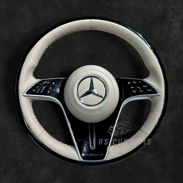 RS Customs Mercedes-Maybach custom steering wheel with premium Nappa leather, black finish, multifunction buttons and optional full airbag for Mercedes-Benz and Maybach models from 2014+.