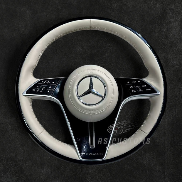 RS Customs Mercedes-Maybach custom steering wheel with premium Nappa leather, black finish, multifunction buttons and optional full airbag for Mercedes-Benz and Maybach models from 2014+.