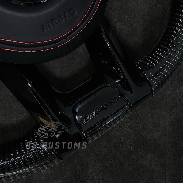 RS Customs Mercedes W205 W213 W222 W463A AMG custom steering wheel with carbon fiber, perforated leather grips and LED display for C-Class, E-Class, S-Class and G-Class models.
