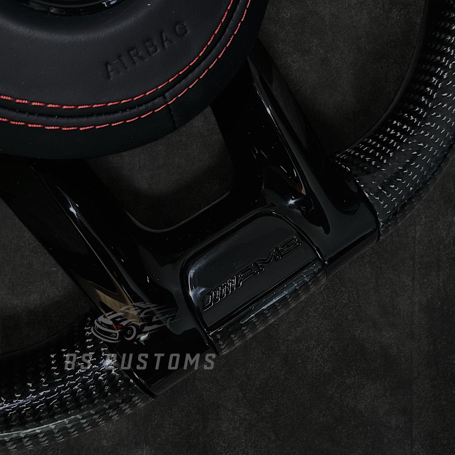 RS Customs Mercedes W205 W213 W222 W463A AMG custom steering wheel with carbon fiber, perforated leather grips and LED display for C-Class, E-Class, S-Class and G-Class models.