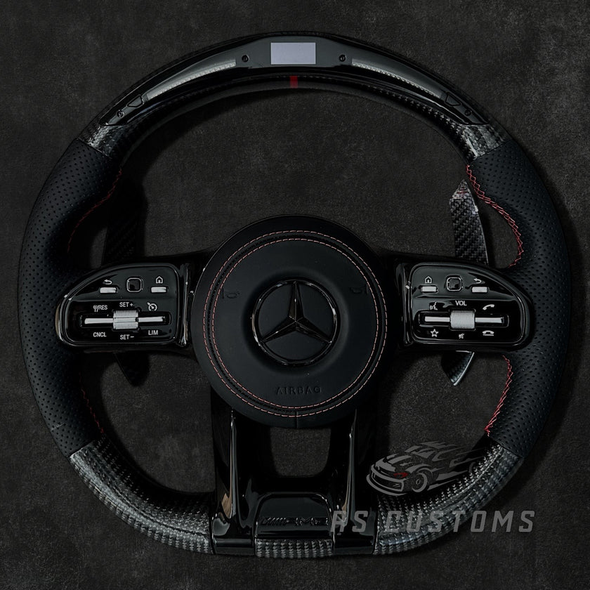 RS Customs Mercedes W205 W213 W222 W463A AMG custom steering wheel with carbon fiber, perforated leather grips and LED display for C-Class, E-Class, S-Class and G-Class models.
