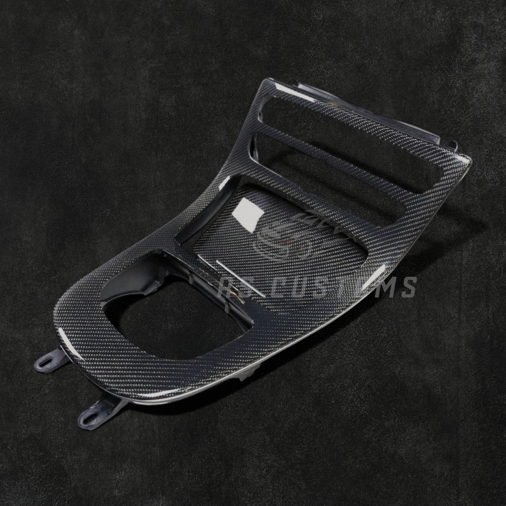 RS Customs Mercedes-Benz W213 E-Class AMG E53 E63 carbon fiber center console and gear surround trim replacement for 2019+ LCI models with OEM-style fitment.